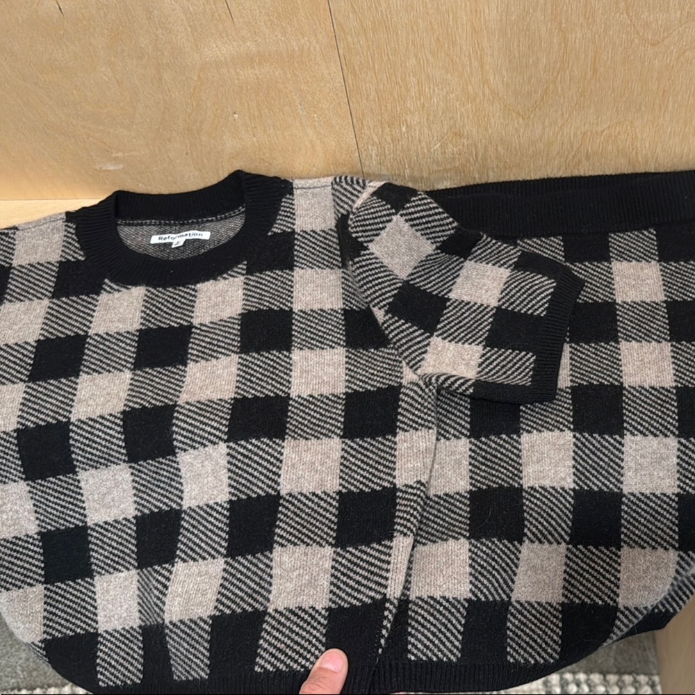 Reformation cashmere Black and Gray Checkered Sweater mini skirt set